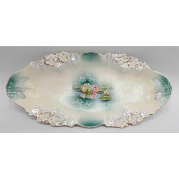 Antique 1890s RS Prussia Gold Trimmed Reflecting Water Lilies 9.5" Celery Dish - Picture 8 of 10